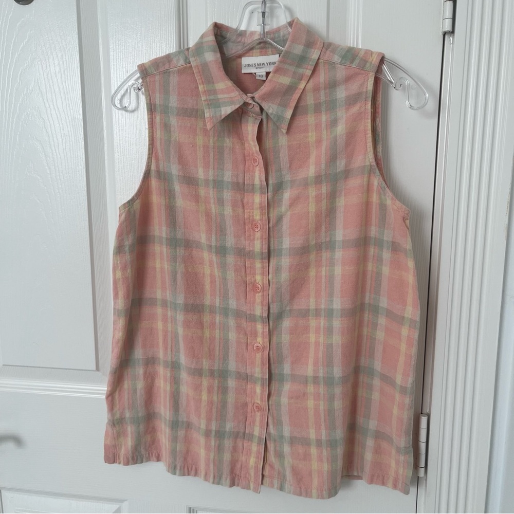 VINTAGE JONES NEW YORK Pastel Multicolor Gingham Linen Blend Tank Top | Size 10